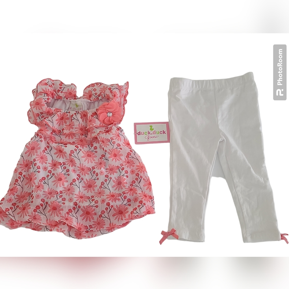 12 Months Duck Duck Goose Baby Girl 2 piece set Pants and Top Pink and W…